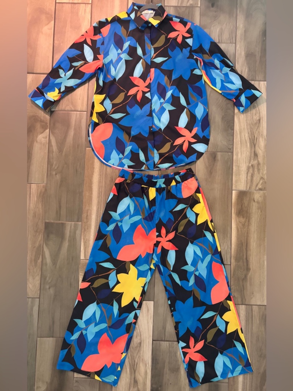 “Touché Privé“ FLOWERED POPLIN TROUSERS & BUTTON UP SHIRT - Matching Set: Size L